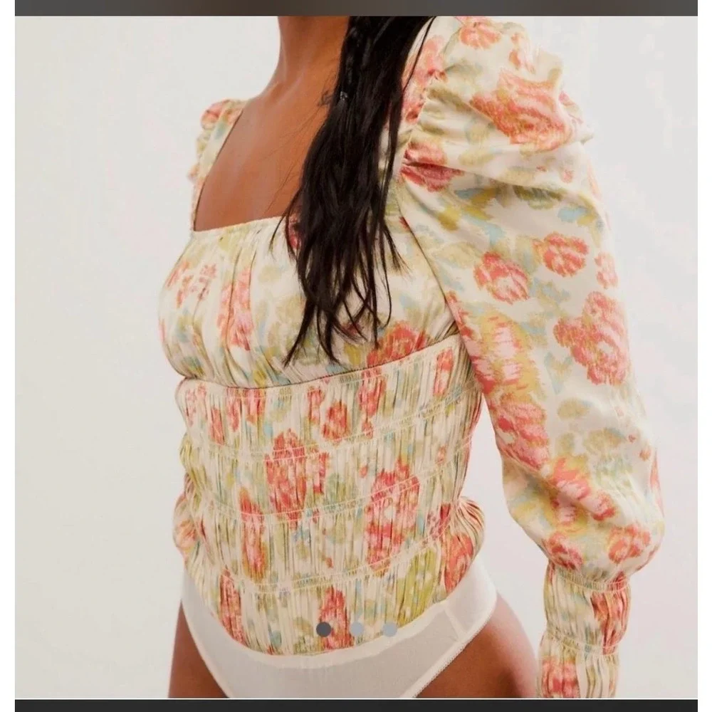 Intimately Free People‎ Boho Floral Smocked Bodysuit Milkmaid Size S Whimsical